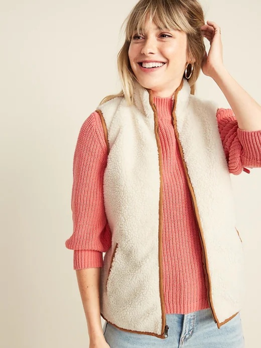 Old Navy Cream Sherpa Vest with Contrast Trim - Women CS
